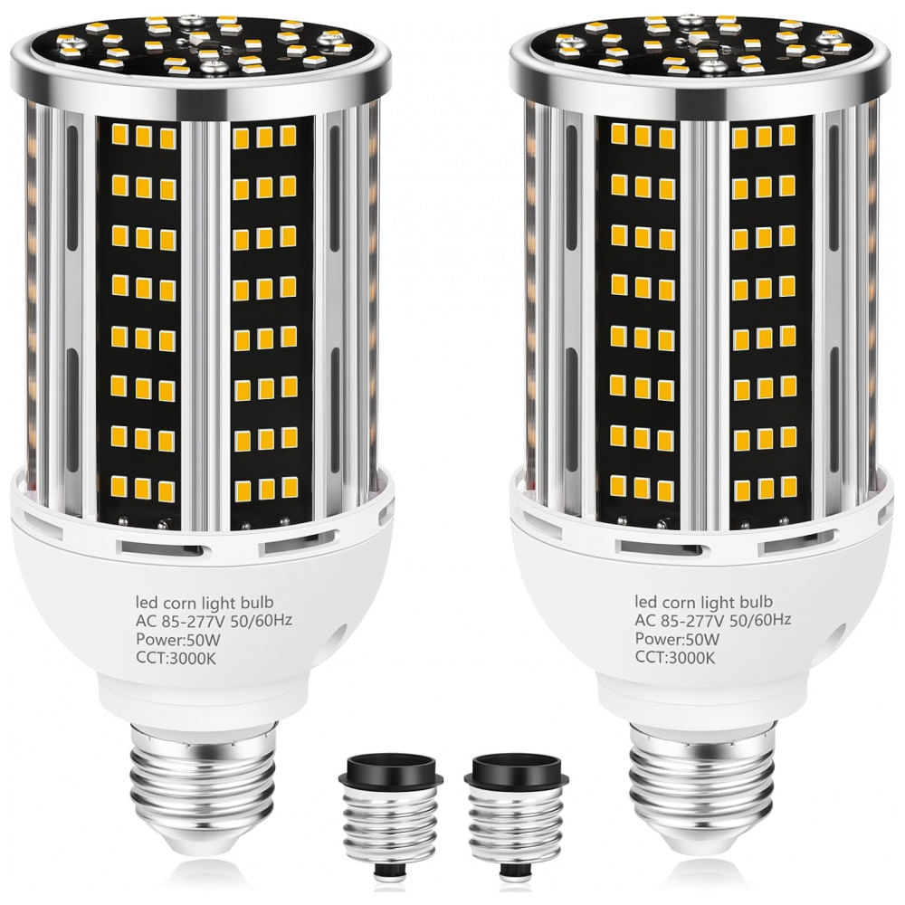 Lâmpada de Milho LED 50W 2 pack, Branco Quente 3000K 6500LM Equivalente a 500W, Base Média E26/E39, Ideal para Áreas Amplas Internas e Externas