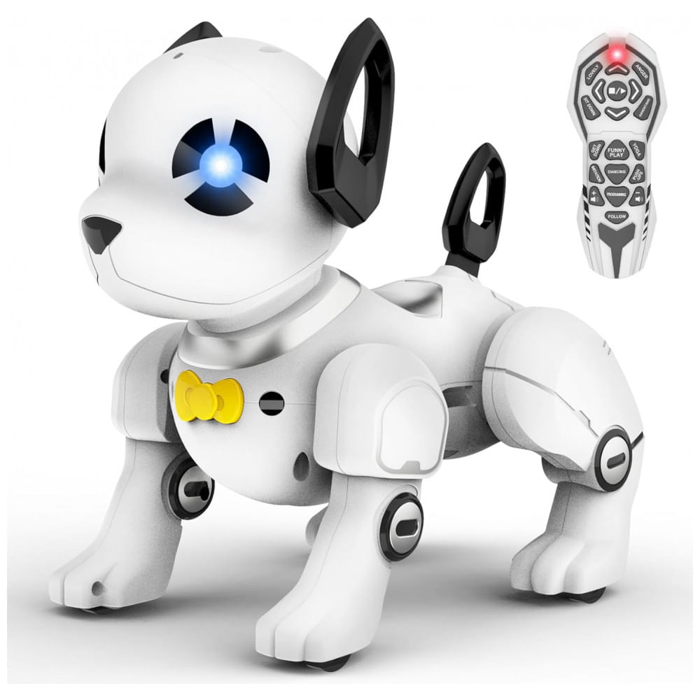 Robô Cachorro Programável Preto e Branco – Controle Remoto, Imitador de Sons, Dança e “Handstand” para Crianças