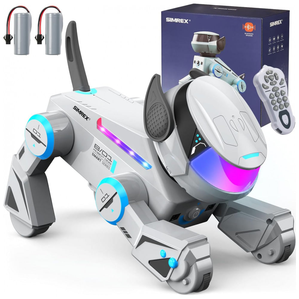 Robô Cachorro Programável Cinza – SIMREX, Cão Robótico Interativo com Bluetooth, Controle Remoto, Sensores de Toque e Dança
