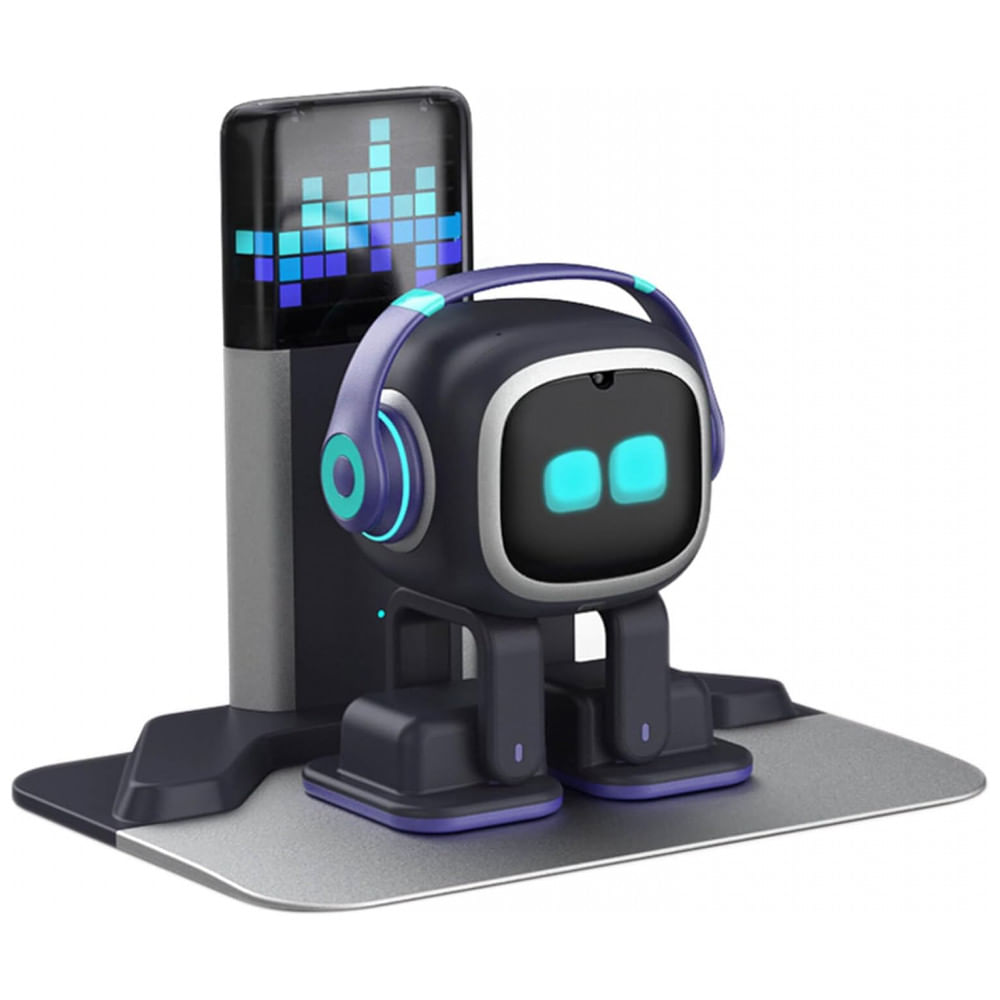 Robô Companheiro Inteligente Preto e Prateado – EMOPET AI Desk Robot Companion, Comandos de Voz, Dança e Estação de Recarga
