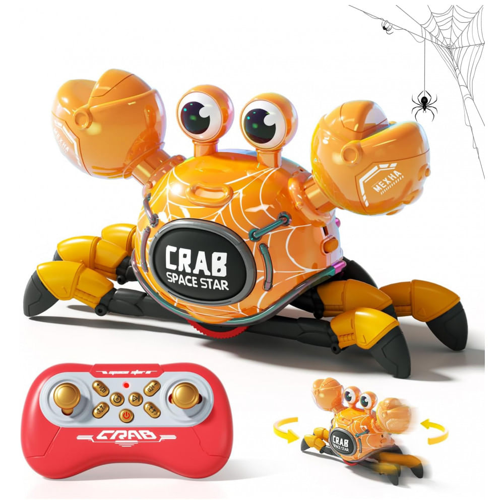 Robô Caranguejo RC Amarelo – WINJOYMAX, Controle 2,4 GHz com Rotação 360°, Luzes LED e Música para Crianças