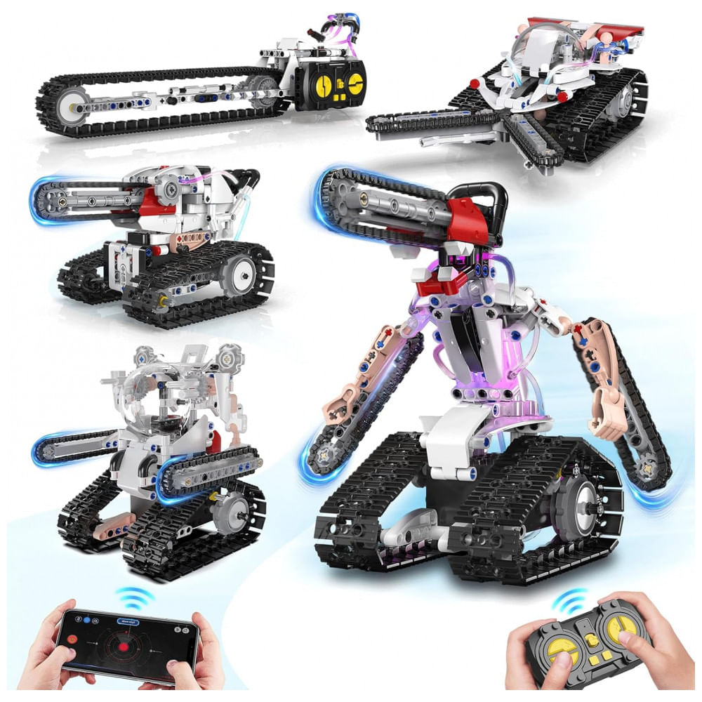 Kit Educativo de Engenharia Azul e Branco – 5‑em‑1 STEM RC Robot Building Kit com 419 Peças, Controle Remoto e App para Crianças