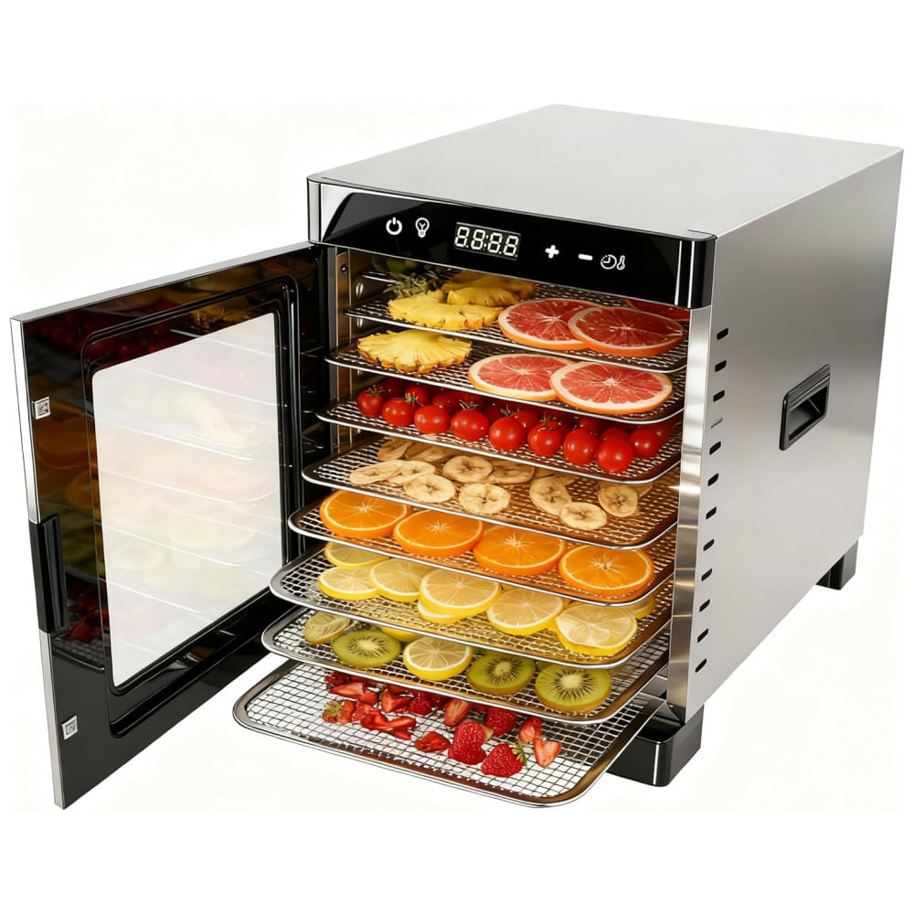 Desidratador de Alimentos Fooikos com 8 Bandejas em Aço Inoxidável, Porta Magnética, Ideal para Jerky, Petiscos para Cachorro, Ervas, Carne, Frutas