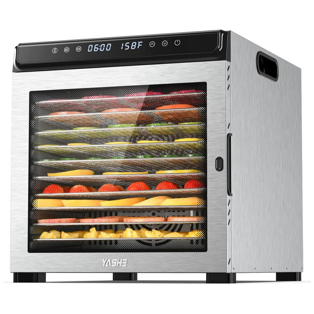 Desidratador de Alimentos, 10 Bandejas de Aço Inoxidável, Controle de Temporizador 72 Horas e Temperatura 35°C a 75°C, 1100W para Alimentos, Jerky, Er