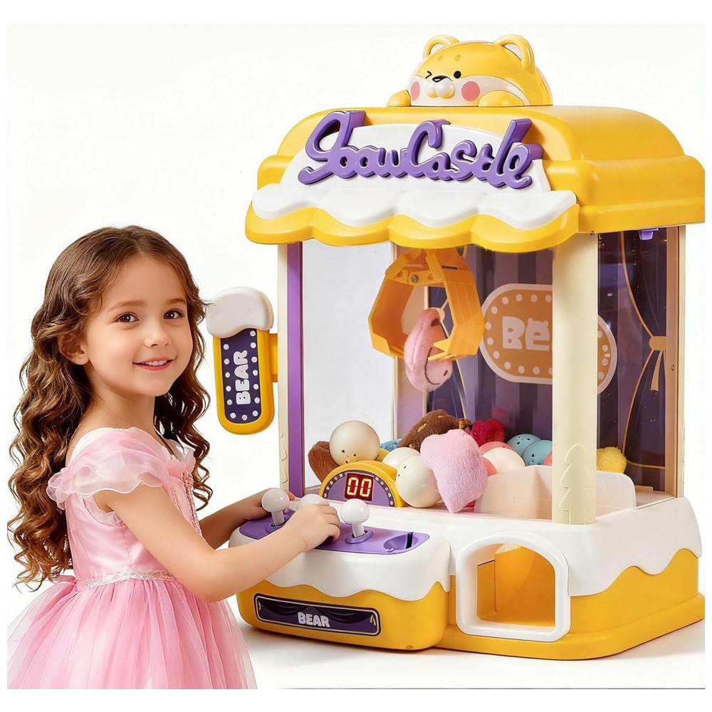 Máquina de Garra Amarela e Roxa CL FUN – Arcade Infantil com Som, Moedas de Jogo e Prêmios para Crianças