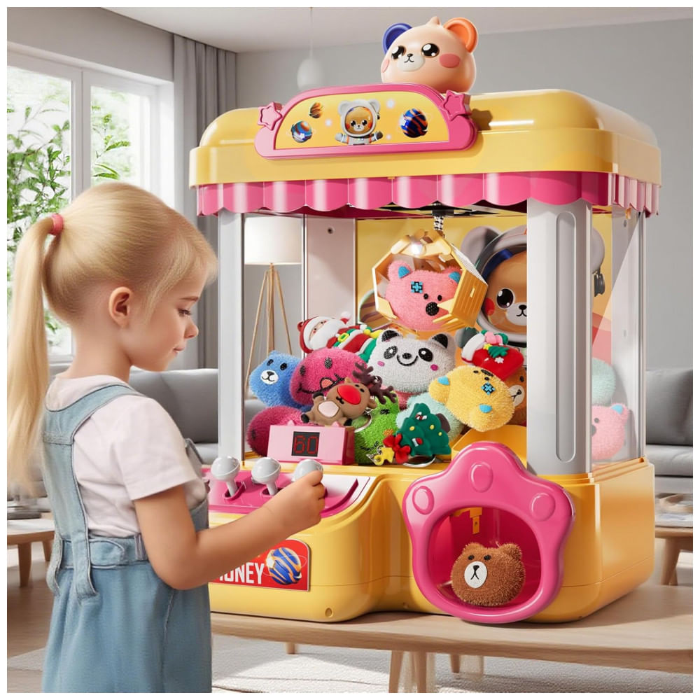 Máquina de Garra Eletrônica Amarelo e Rosa BLmukce – Mini Vending Machine Infantil com 10 Pelúcias, 20 Moedas, Música e Temporizador de 60s