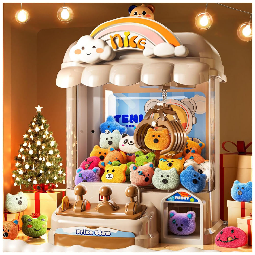 Máquina de Garra Eletrônica Marrom MSKOLER – Vending Machine Infantil Urso com 10 Mini Pelúcias, 20 Moedas, Som e Temporizador de 60s
