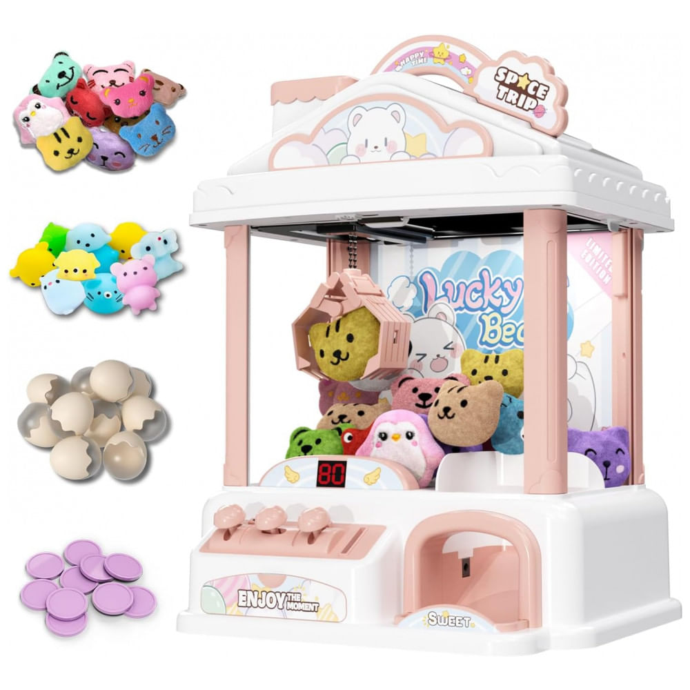 Máquina de Garra Rosa e Branca Snow Hut – Mini Arcade Infantil com 10 Cápsulas, 10 Pelúcias, Som e Brinquedos