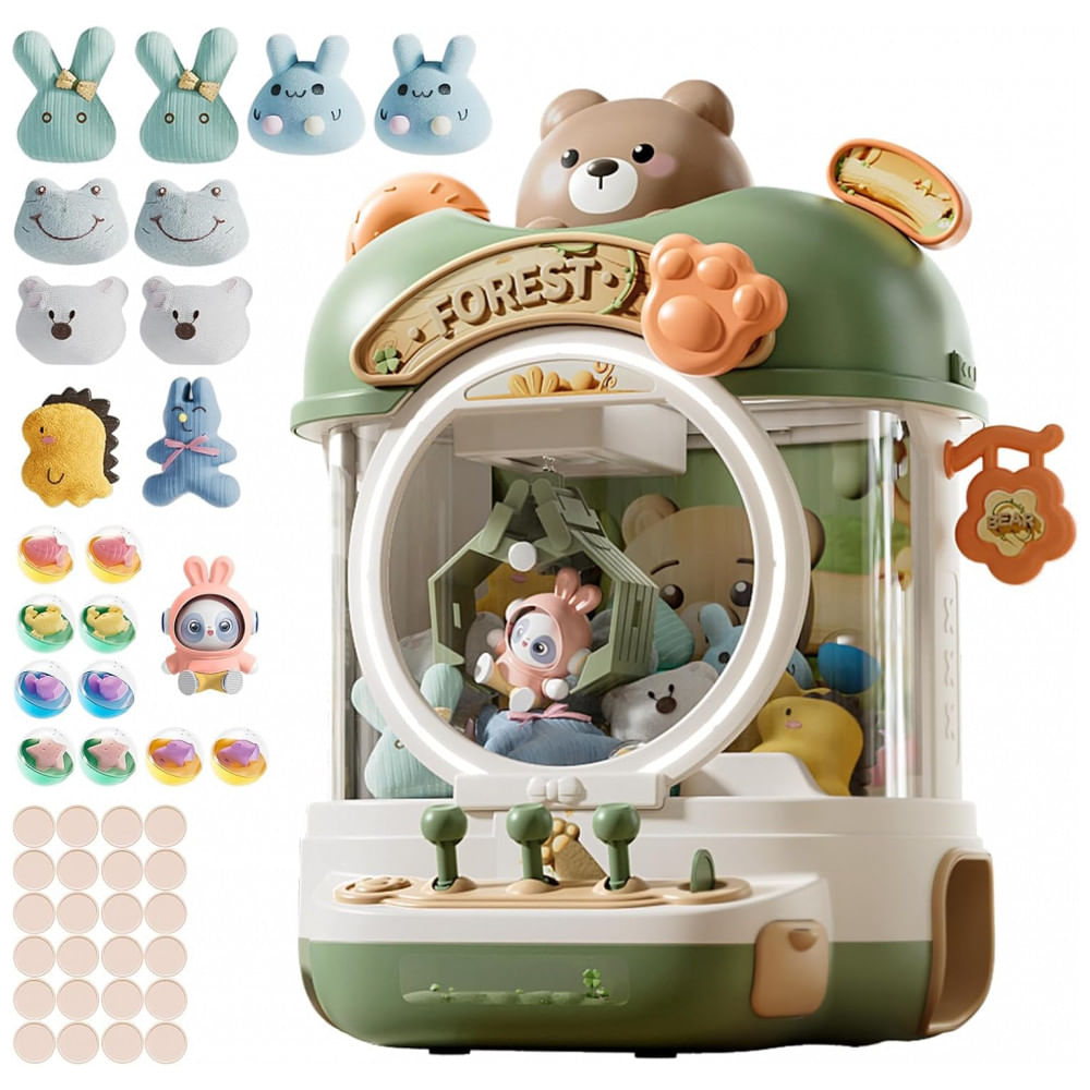 Máquina de Garra Verde – Mini Arcade Infantil com 10 Pelúcias, 10 Mini Brinquedos, 10 Ovos Surpresa, 24 Moedas, Som, Luzes LED e Alimentação USB/4 AA