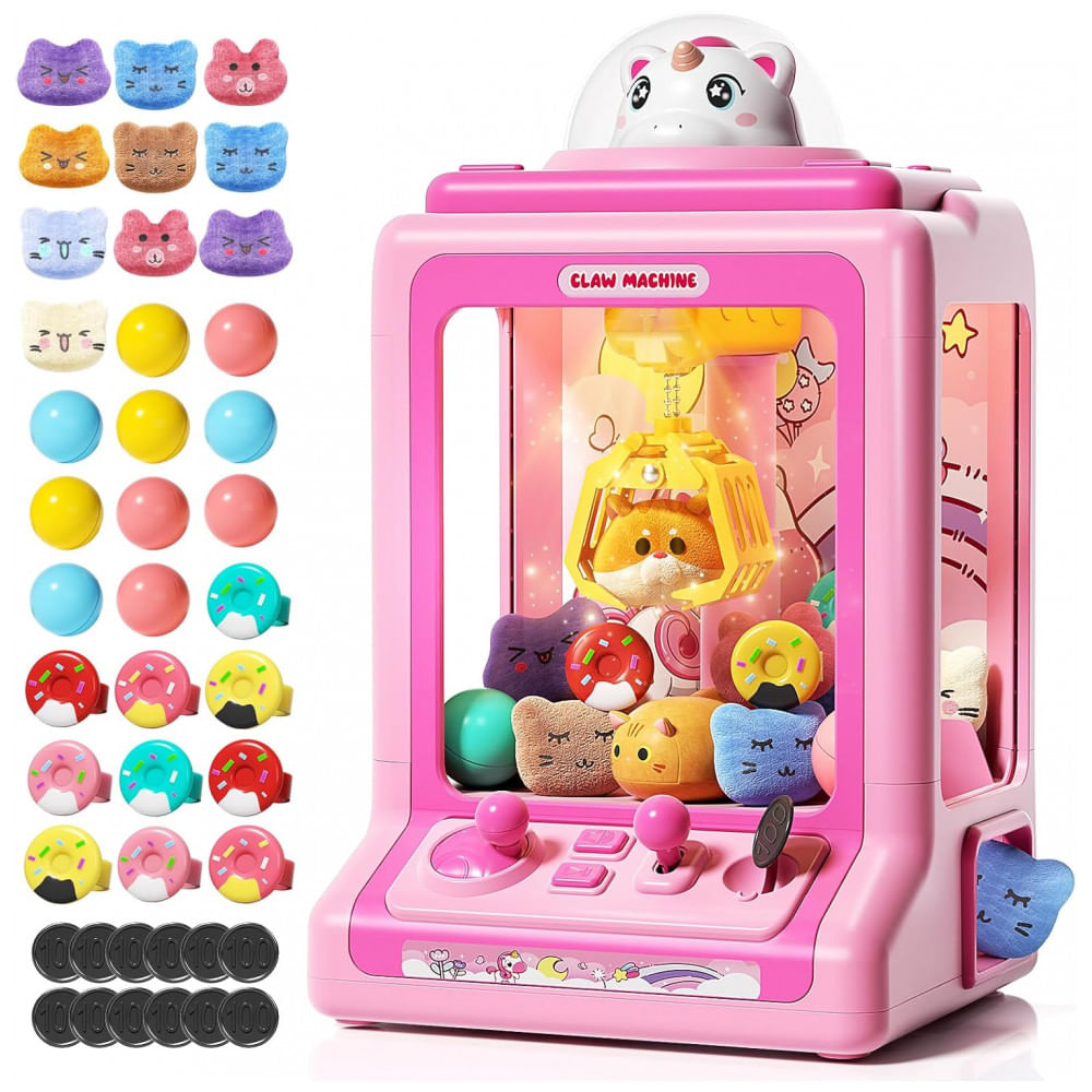 Máquina de Garra Rosa Jovow – Mini Arcade Infantil com 30 Mini Brinquedos, Luzes LED, Som e Versão Personalizável