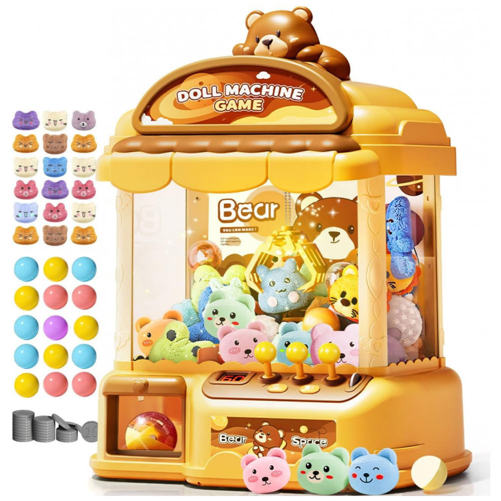 Máquina de Garra Amarela MIAOKE – Mini Arcade Infantil com 30 Mini Brinquedos, 20 Gacha, 24 Moedas e Música Ajustável
