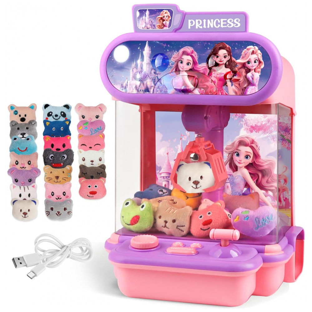 Máquina de Garra Rosa e Lilás TingingYuli – Mini Arcade Infantil com 20 Pelúcias, Luzes LED, Som e Compartimento para Prêmios