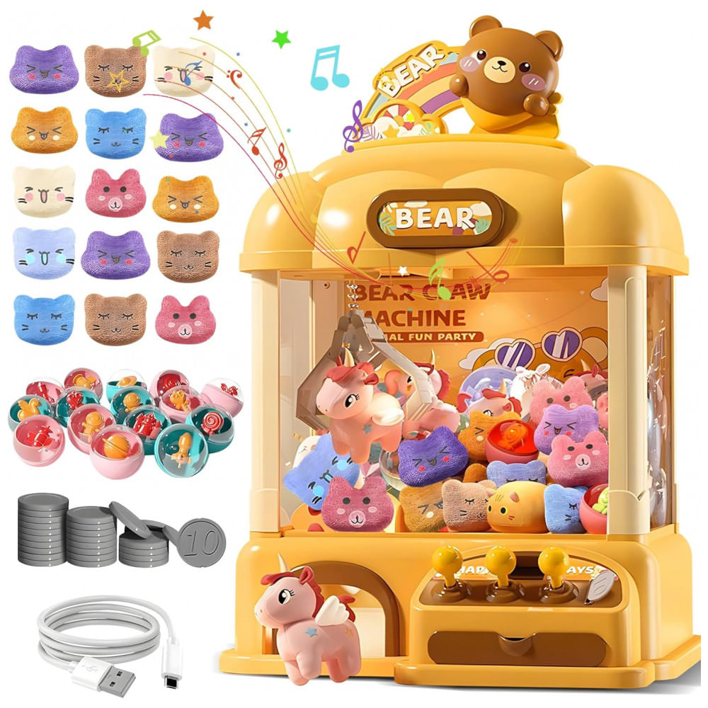 Máquina de Garra Mini Arcade ROHSCE Urso Amarelo com Luzes LED, Som e Movimento 360° para Crianças