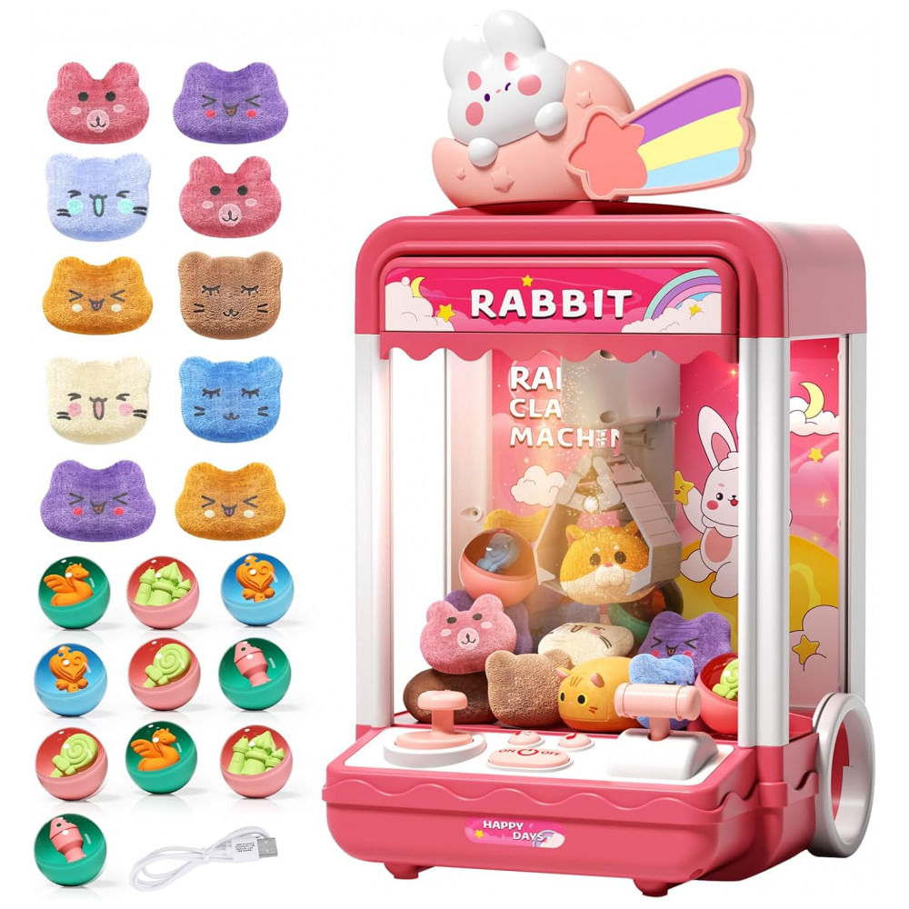 Máquina de Garra Infantil Aiqi Rainbow Rabbit Rosa com Luz e Som, Mini Vending Machine, Inclui 10 Pelúcias e 10 Brinquedos, 32 cm