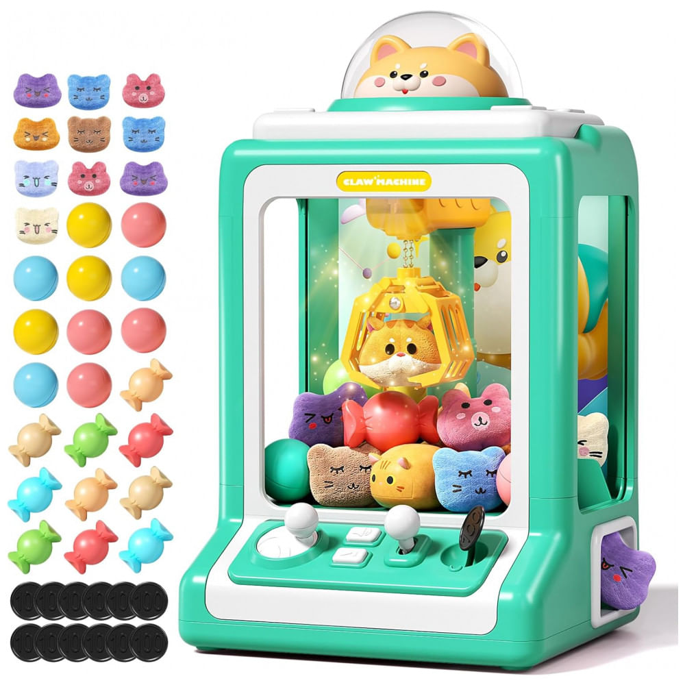 Máquina de Garra Infantil Jovow Doggy Green, Mini Arcade Eletrônica com Música e 30 Brinquedos, Prêmio e Diversão para Festas e Crianças