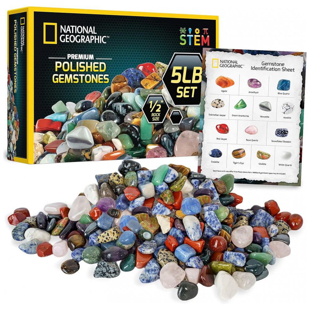 Pedras Polidas Premium 2,3 kg, Gemas 1,3 cm, Kit Educativo STEM, Artes e Artesanato, Cristais para Crianças National Geographic