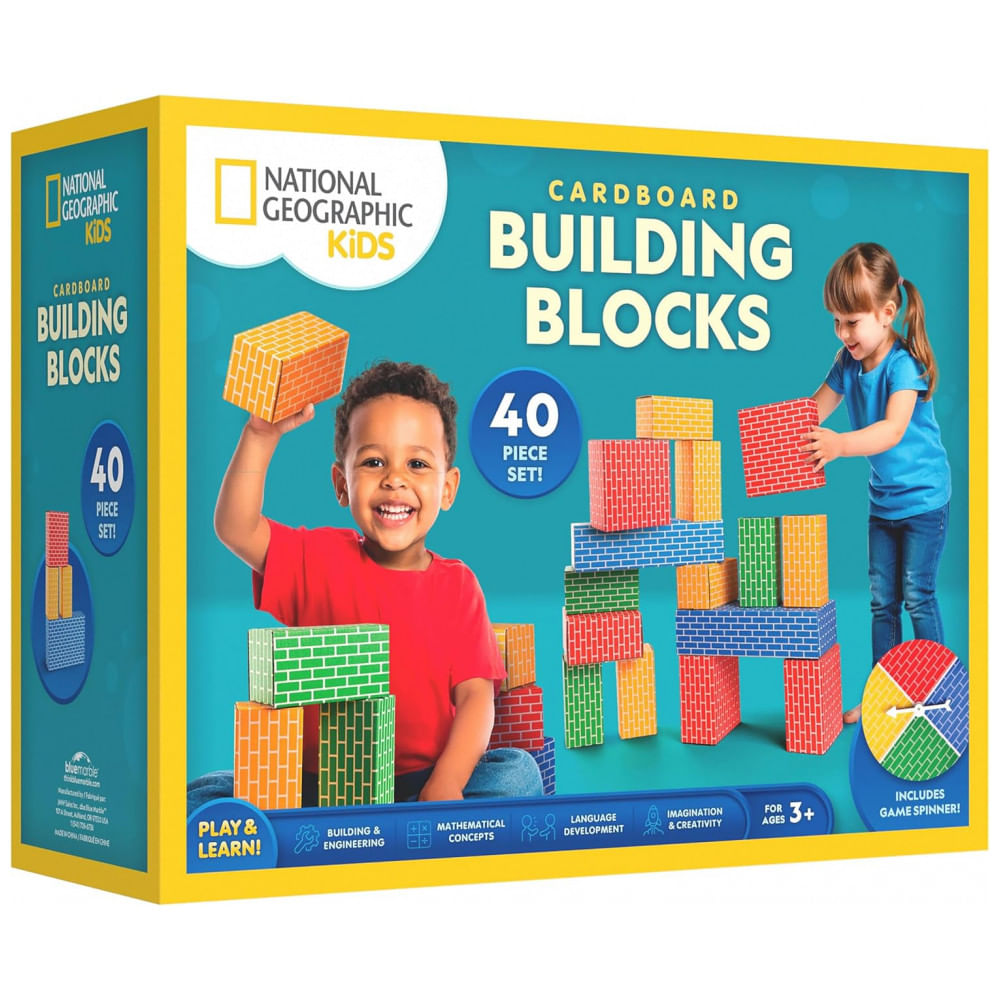 Kids Jumbo Cardboard Building Blocks – 40 Tijolos em 3 Tamanhos com Spinner e Cartões de Atividade, Brinquedo Educativo STEM, National Geographic
