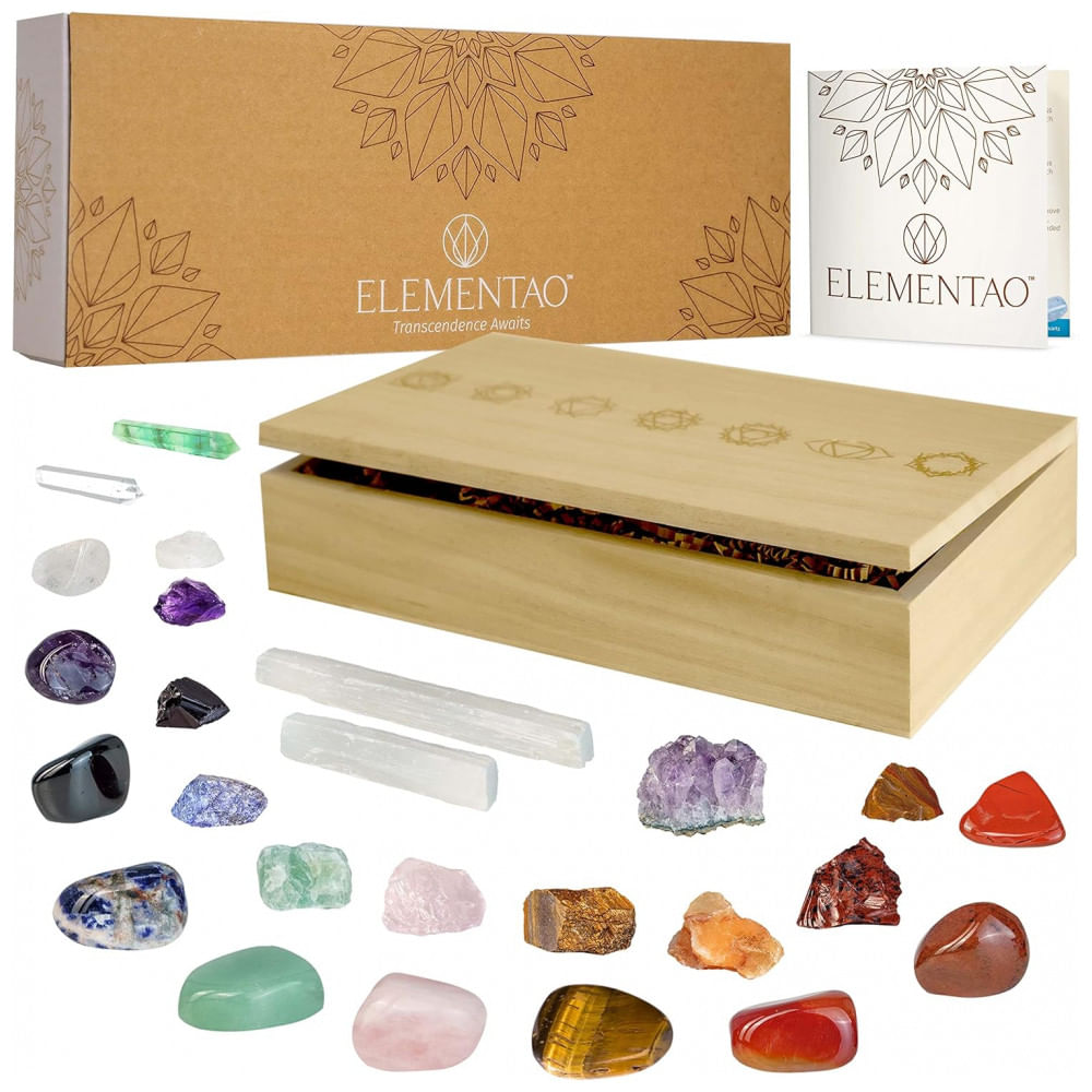 Conjunto de 25 Pedras e Cristais de Cura Chakra com Caixa de Madeira Gravada, Varinha de Fluorita e 2 Varinhas de Selenita – Elementao