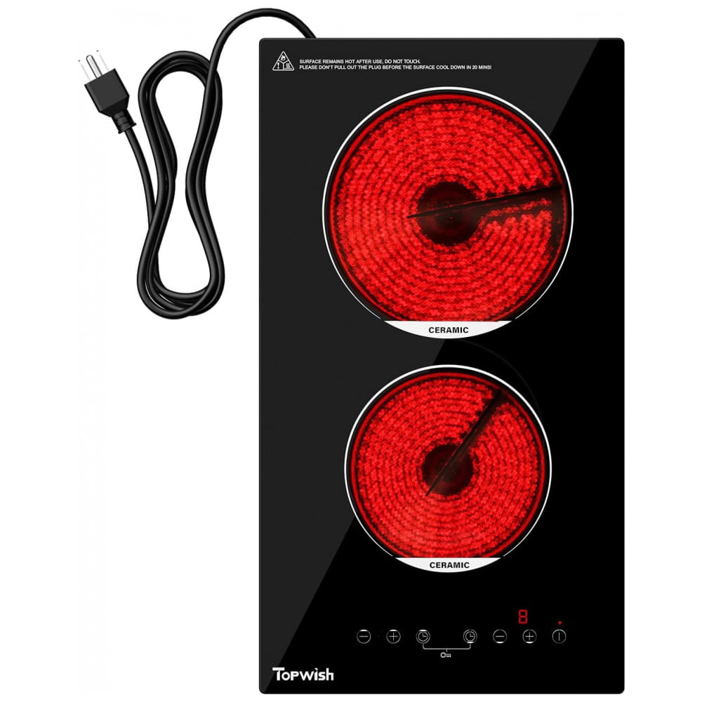 Cooktop Elétrico de 2 Bocas, Cooktop de Cerâmica Embutido de 30,48 cm, Cooktop Elétrico de 120v com Trava de Segurança para Crianças, Timer