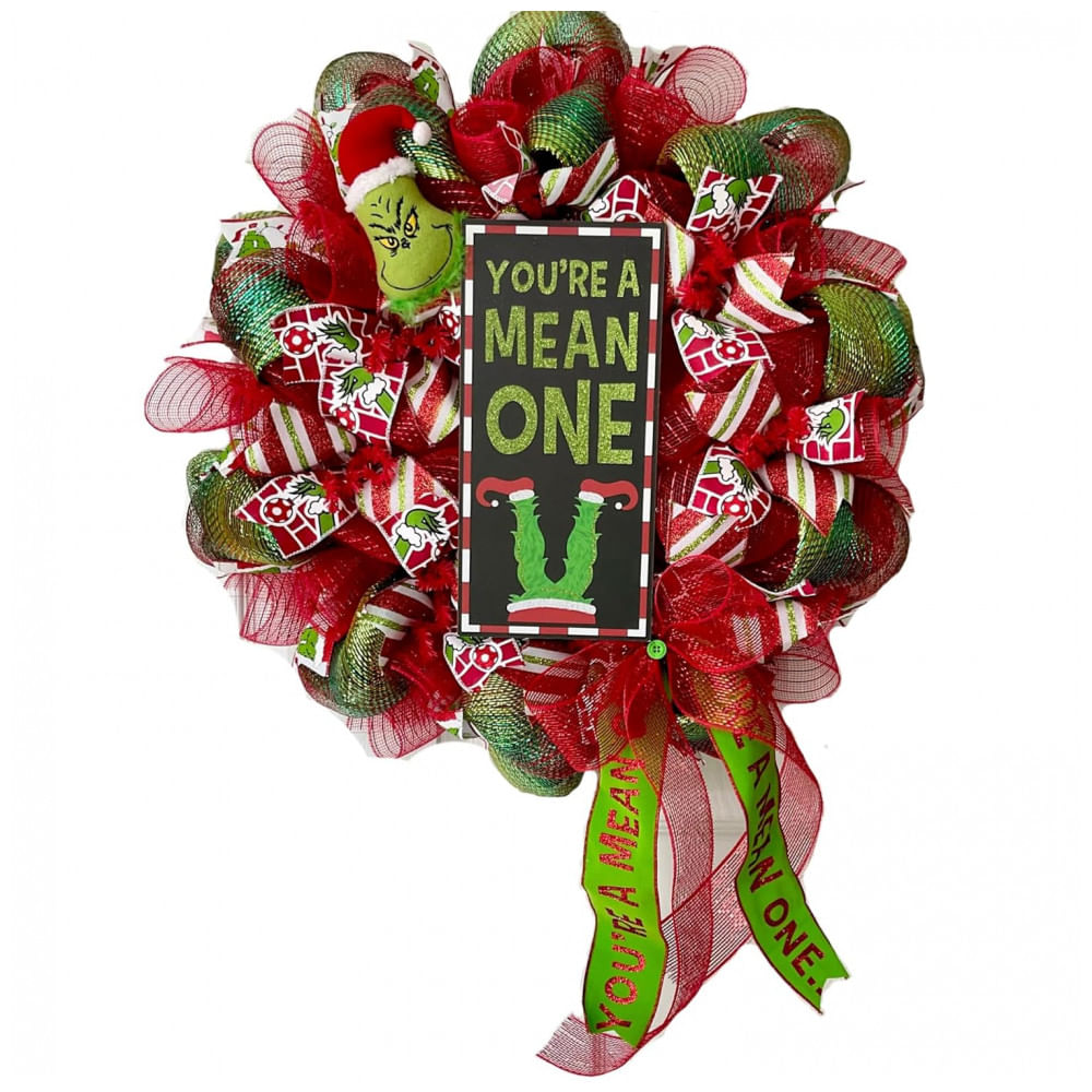 Guirlanda de Natal Monstro Verde - O Grinch, Feita à Mão com Mesh Decorativa. 60cm de diâmetro