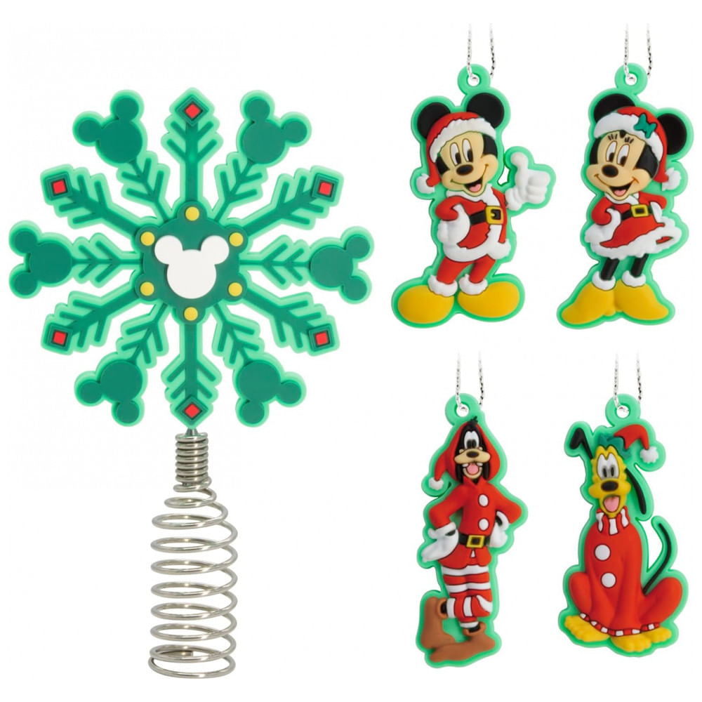 Conjunto Hallmark Disney Mini Enfeites de Natal com Topo de Árvore Mickey e Minnie, 5 Peças em PVC Inquebrável, 13 x 8,4 x 1,9 cm