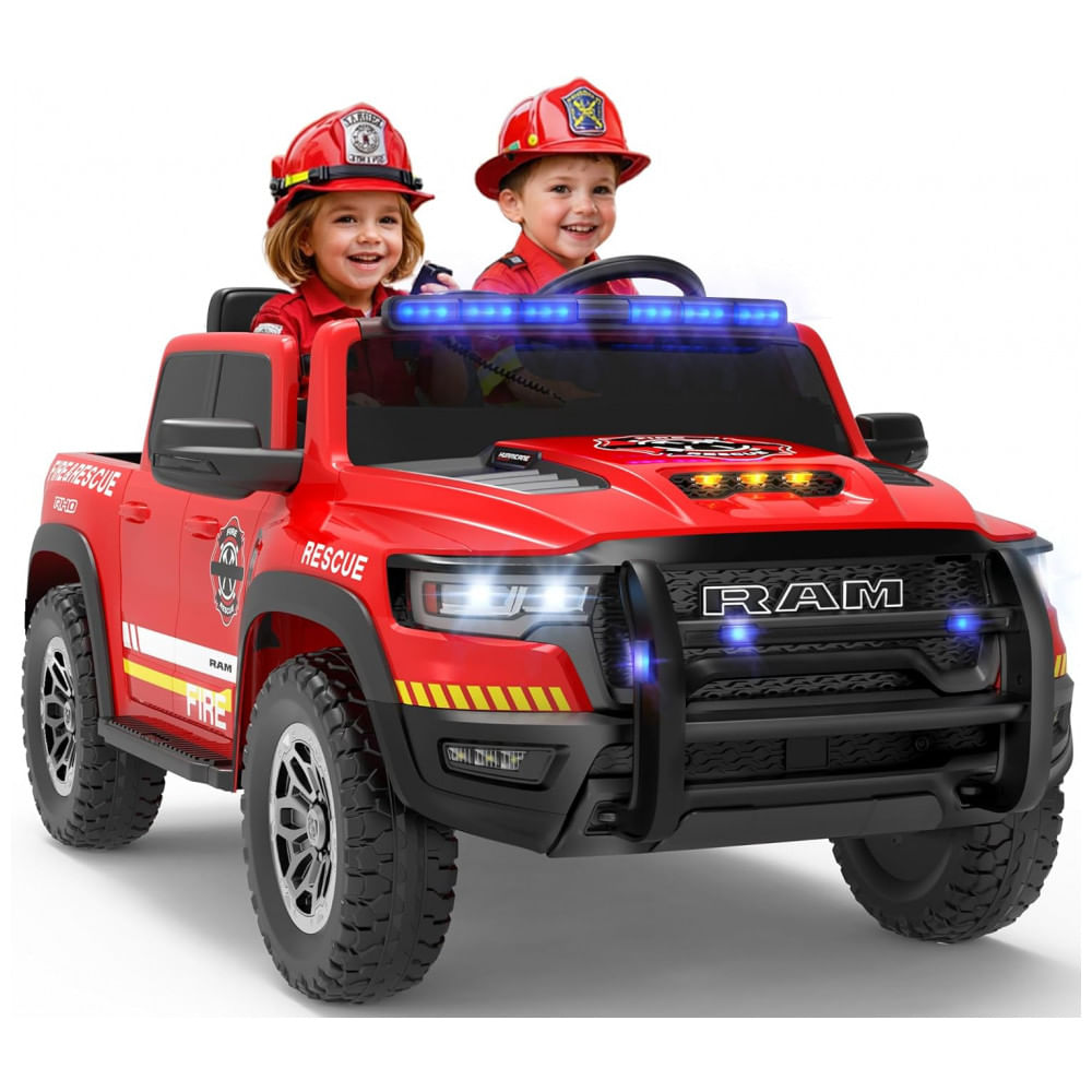 Carro Elétrico Infantil Caminhão de Bombeiros RAM 1500 24V Vermelho 2 Lugares com Controle Remoto, Sirene e Luzes Piscantes