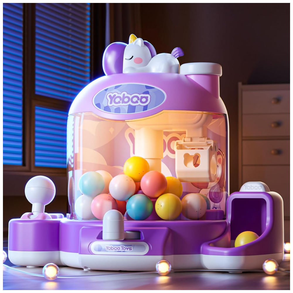 Máquina de Garra Mini Skirfy Unicórnio Roxa, Dispensadora de Brinquedos e Balas, 27x20x17 cm, Bivolt com 3 Pilhas AA