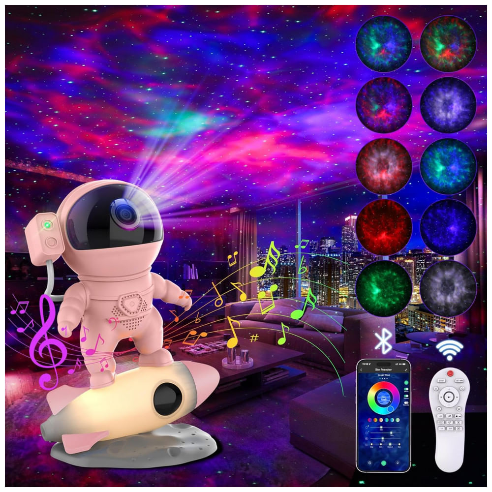 Projetor de Galáxia Astronauta para Quarto, Luz de Estrela com Controle Remoto via App, Sons Brancos, Alto-falante Bluetooth, Luz Noturna de Foguete p