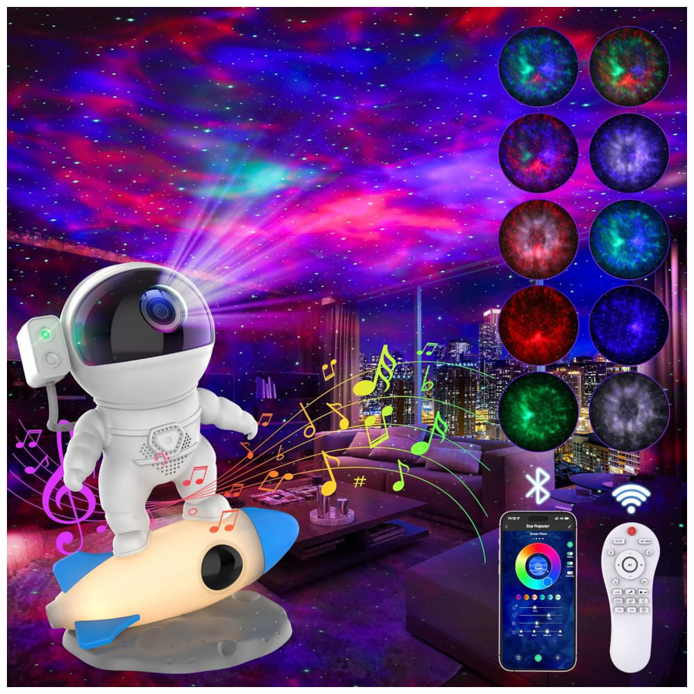 Projetor de Galáxia Astronauta para Quarto, Luz de Galáxia com Controle Remoto via App, Ruídos Brancos, Alto-falante Bluetooth, Luz Noturna de Foguete