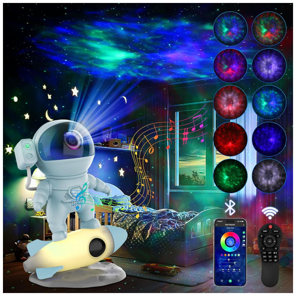 Projetor de Galáxia Astronauta para Quarto, Luz de Galáxia com Controle Remoto via App, Ruídos Brancos, Alto-falante Bluetooth, Luz Noturna de Foguete