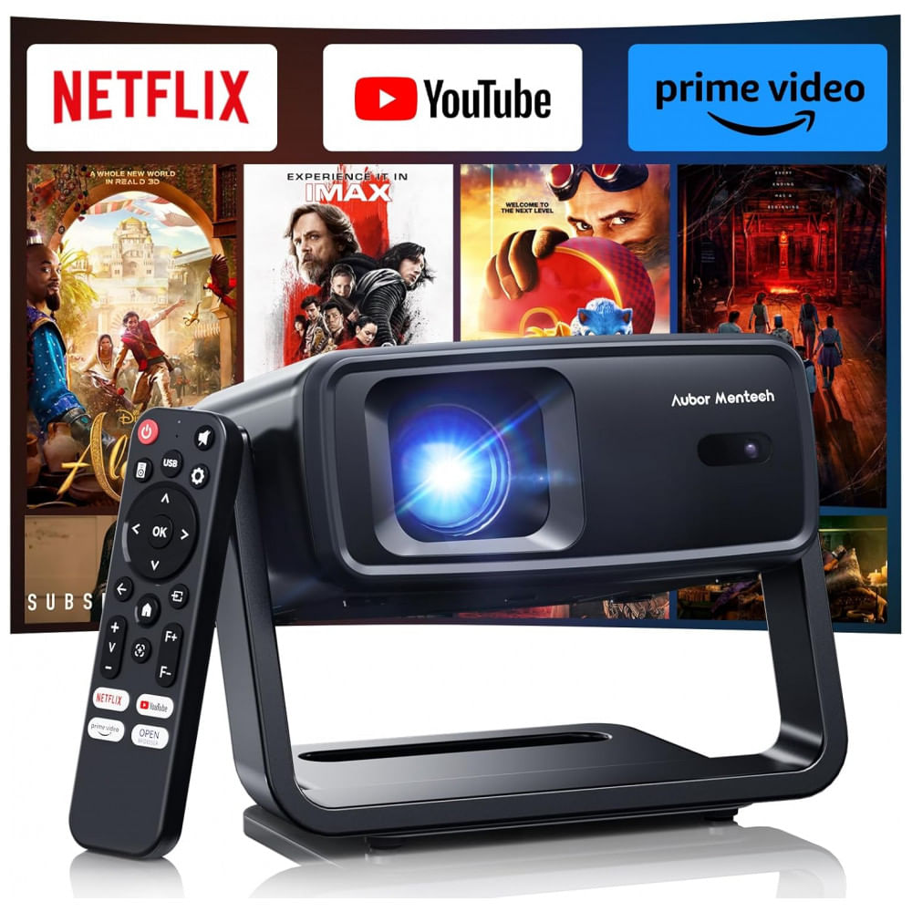 Projetor com WiFi e Bluetooth, Suporte à Decodificação 4K, 1200 ANSI 180 Rotativo com Projetor Mini Nativo 1080P, Keystone Automático, AUBOR MENTECH,