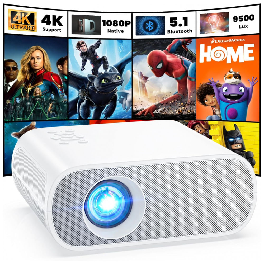 Projetor Full HD 1080P com Bluetooth e Alto-falante Integrado - 9500 Lumens, Portátil para Filmes ao Ar Livre - Compatível com Laptop, HOMPOW