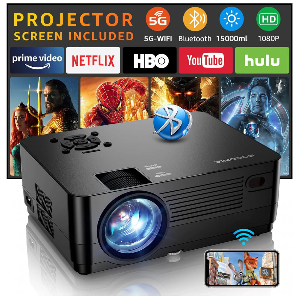 Projetor com Wi-Fi 5G e Bluetooth, Nativo 1080P com Tela Inclusa, 18000LM Full HD, Home Theater 100, Compatível com Celular, Roconia