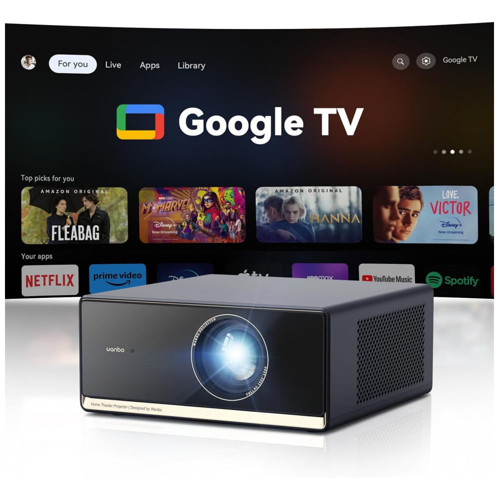 Projetor Wanbo X5 Pro Google TV 4K com 1100 ANSI Lumens, WiFi e Bluetooth, Projetor Inteligente para Casa ao Ar Livre, Foco Automático Keystone, HDMI