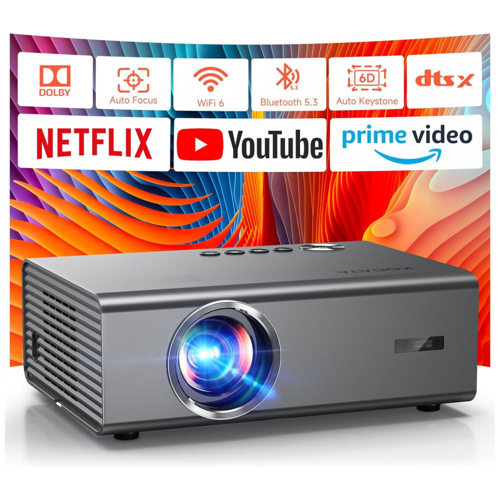 Projetor 4K com Aplicativos Integrados, Foco Automático de 1200ANSI, Keyston 6D, Áudio Dolby, Projetor Inteligente Kogata com WiFi 6 Bluetooth