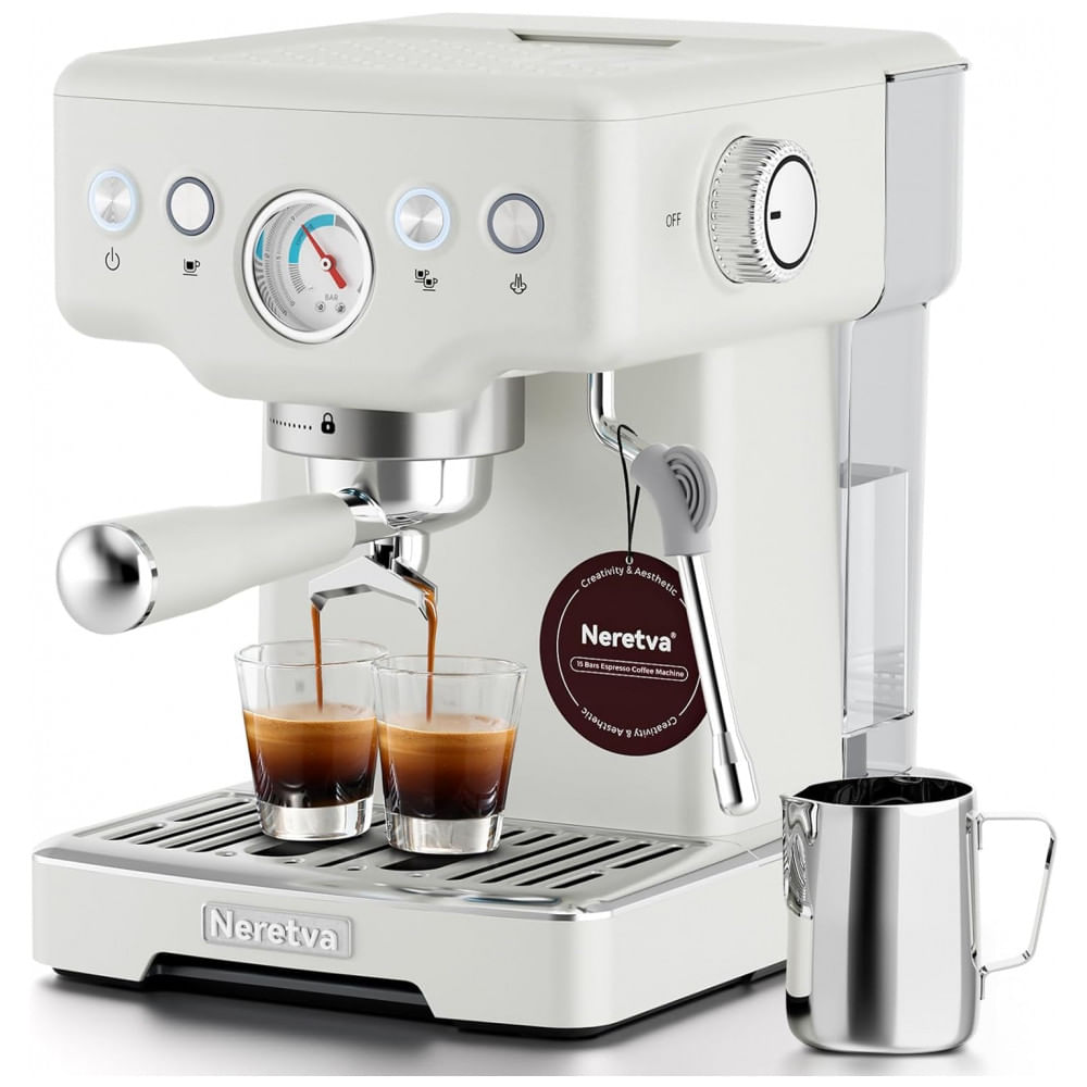 Máquina de Café Espresso 15 Bar, Vaporizador de Leite, Manômetro Visível, 1,8L, Neretva, Inox, 110V - Branca