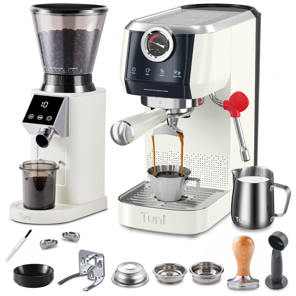 Combo Máquina de Espresso 20 Bar 58mm, Dupla Caldeira, Moedor Cônico 48 Níveis, Kit Profissional, Tuni, Creme, 110V