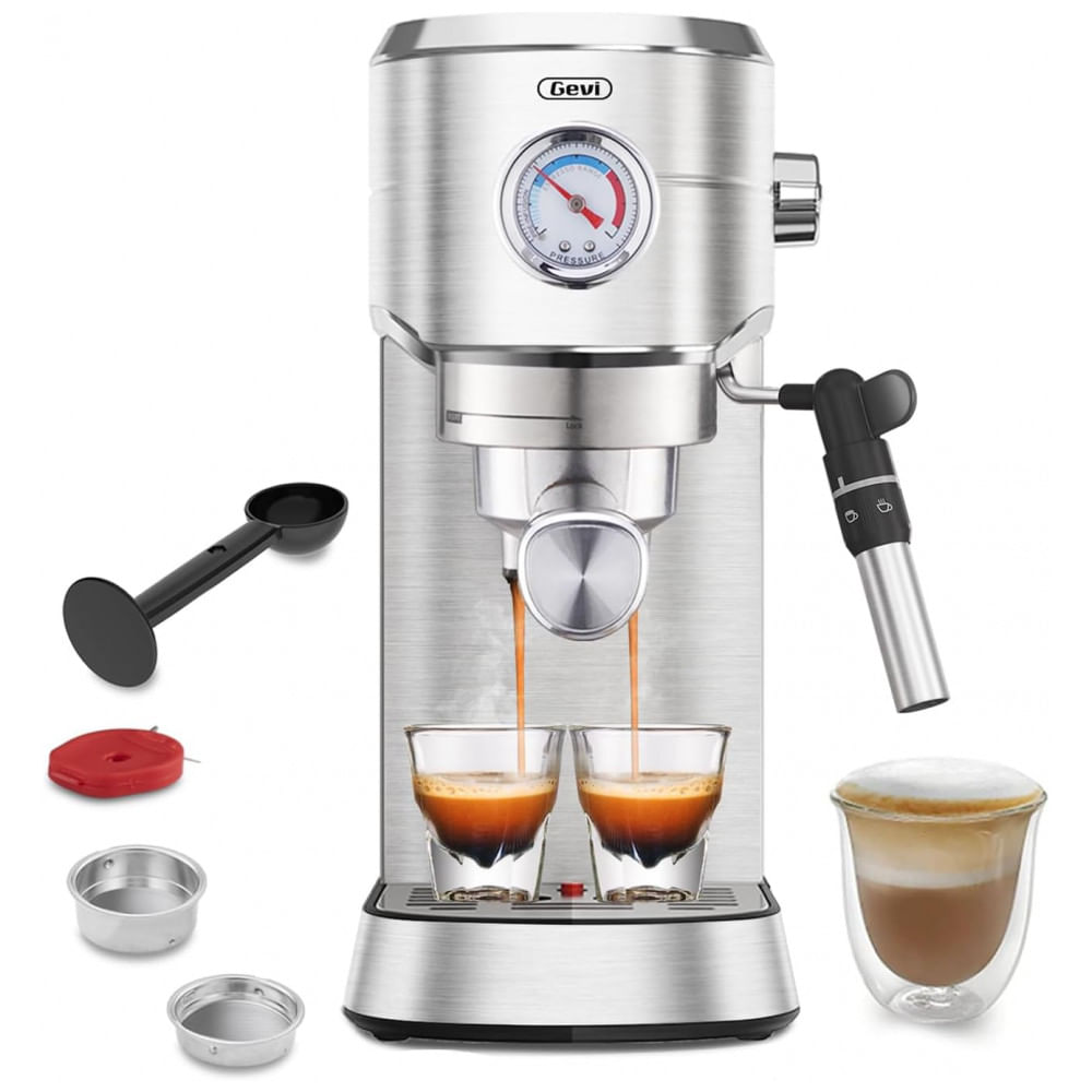 Máquina de Espresso 20 Bar, Frother Automático, Controle NTC, Pré-Infusão, Gevi, Inox, Prata, 110V