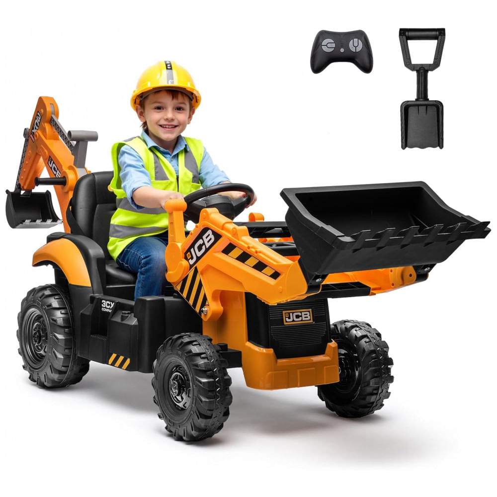 Carro Elétrico Infantil 2 Lugares Escavadeira 3 em 1, JCB 3CX Licenciado, 24V, 2 Motores 120W, Controle Remoto, Banco Reversível, Cinto de Segurança