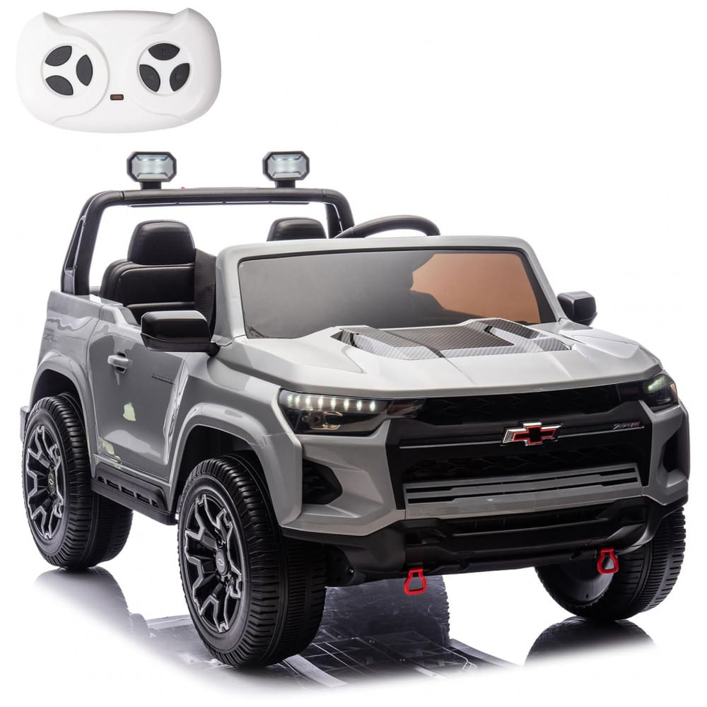 Carro Elétrico Infantil Chevrolet Colorado Licenciado 24V, 2 Lugares, 4WD, Controle Remoto, Música, Alarme, Megafone, Cinza