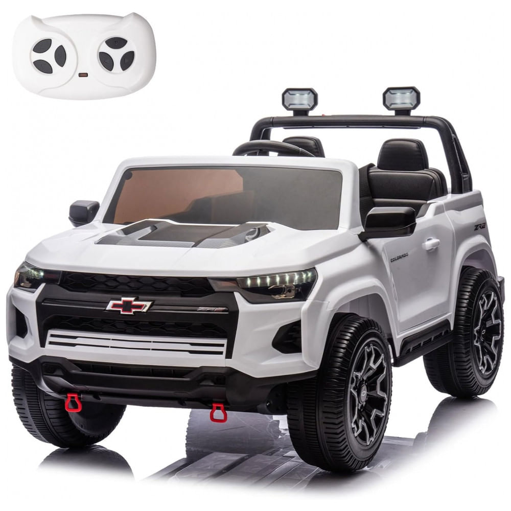 Carro Elétrico Infantil Chevrolet Colorado Licenciado 24V, 2 Lugares, 4WD, Controle Remoto, Música, Alarme, Megafone, Branco