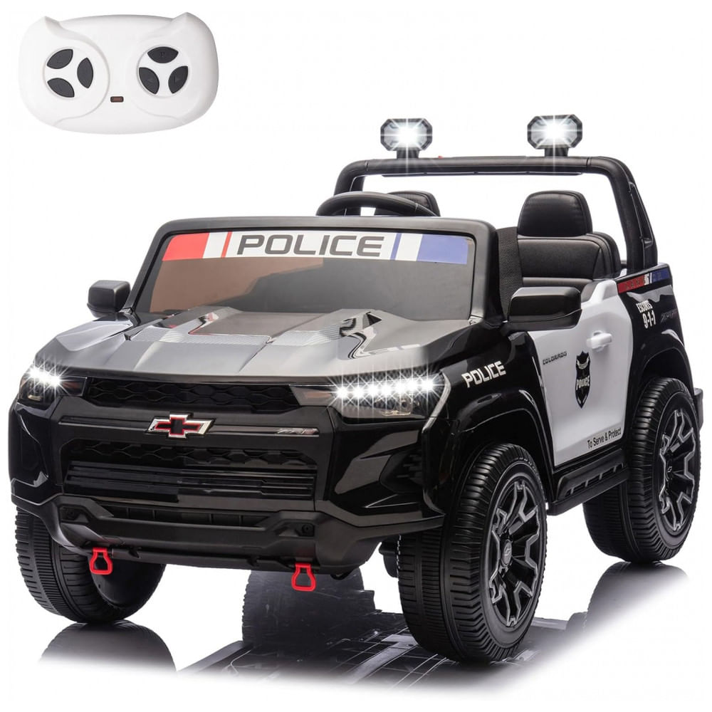 Carro de Polícia Elétrico Infantil Chevrolet Colorado Licenciado 24V, 2 Lugares, 4WD, Controle Remoto, Música, Alarme, Megafone, Preto