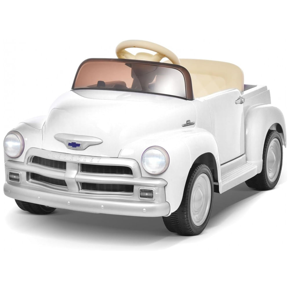Carro Elétrico Infantil Chevrolet 3100 Pickup Licenciado Joywhale 12V, 1 Lugar, 2 Motores, Controle Remoto, 3 Velocidades, Retrô, Branco