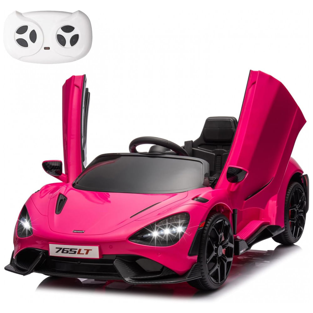Carro Elétrico Infantil McLaren 765LT Licenciado 12V, 1 Lugar, 2 Motores 30W, Controle Remoto, Bluetooth, Luzes LED, Rosa