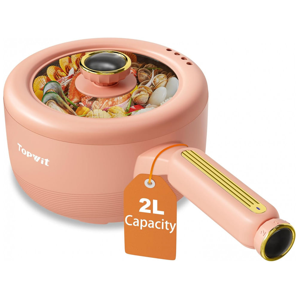 TopWit Panela Elétrica Portátil 2L com Revestimento Antiaderecente, Controle Duplo de Potência e Espátula de Silicone, Pêssego