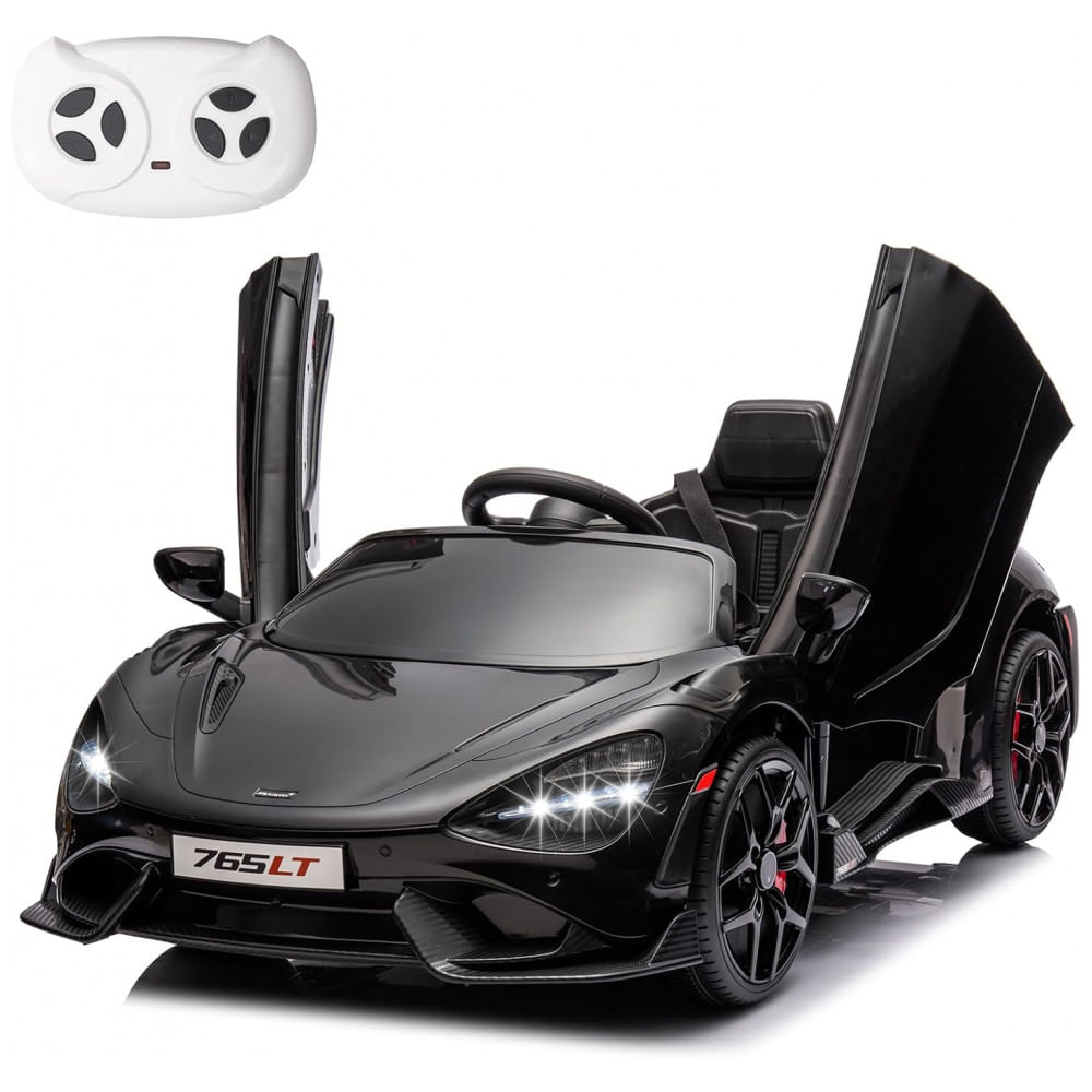 Carro Elétrico Infantil McLaren765LT MUKIDY Preto 12V, Controle Remoto, Música, Luzes LED, 3 Velocidades, Cinto Segurança, Modelo Licenciado