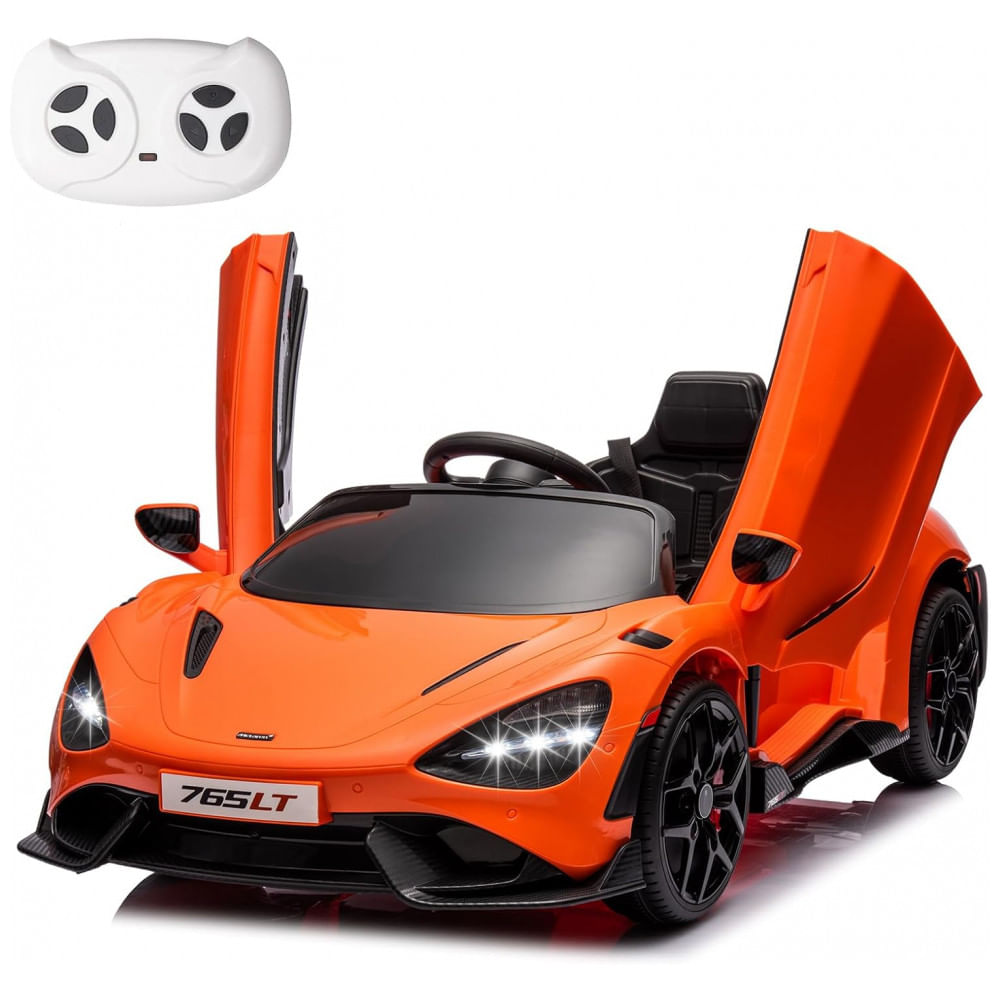 Carro Elétrico Infantil McLaren765LT MUKIDY Laranja 12V, Controle Remoto, Música, Luzes LED, 3 Velocidades, Cinto Segurança, Modelo Licenciado