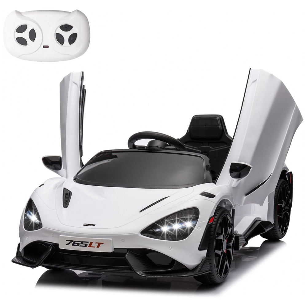 Carro Elétrico Infantil McLaren765LT MUKIDY Branco 12V, Controle Remoto, Música, Luzes LED, 3 Velocidades, Cinto Segurança, Modelo Licenciado