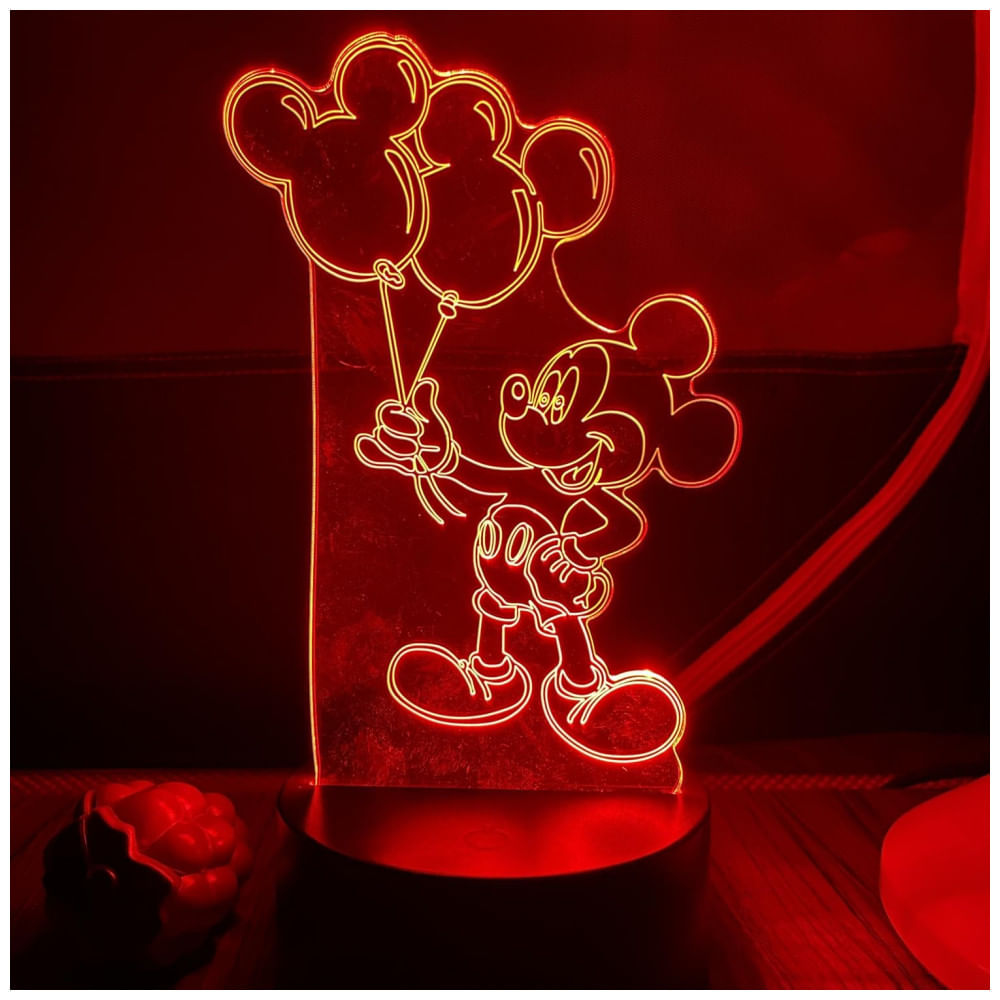 Luminária 3D LED Mickey CUTIA Preta Controle Remoto 16 Cores, Acrílico ABS, USB/Bateria, 2,5W, 4,5V, Infantil, Decoração Quarto, 134g