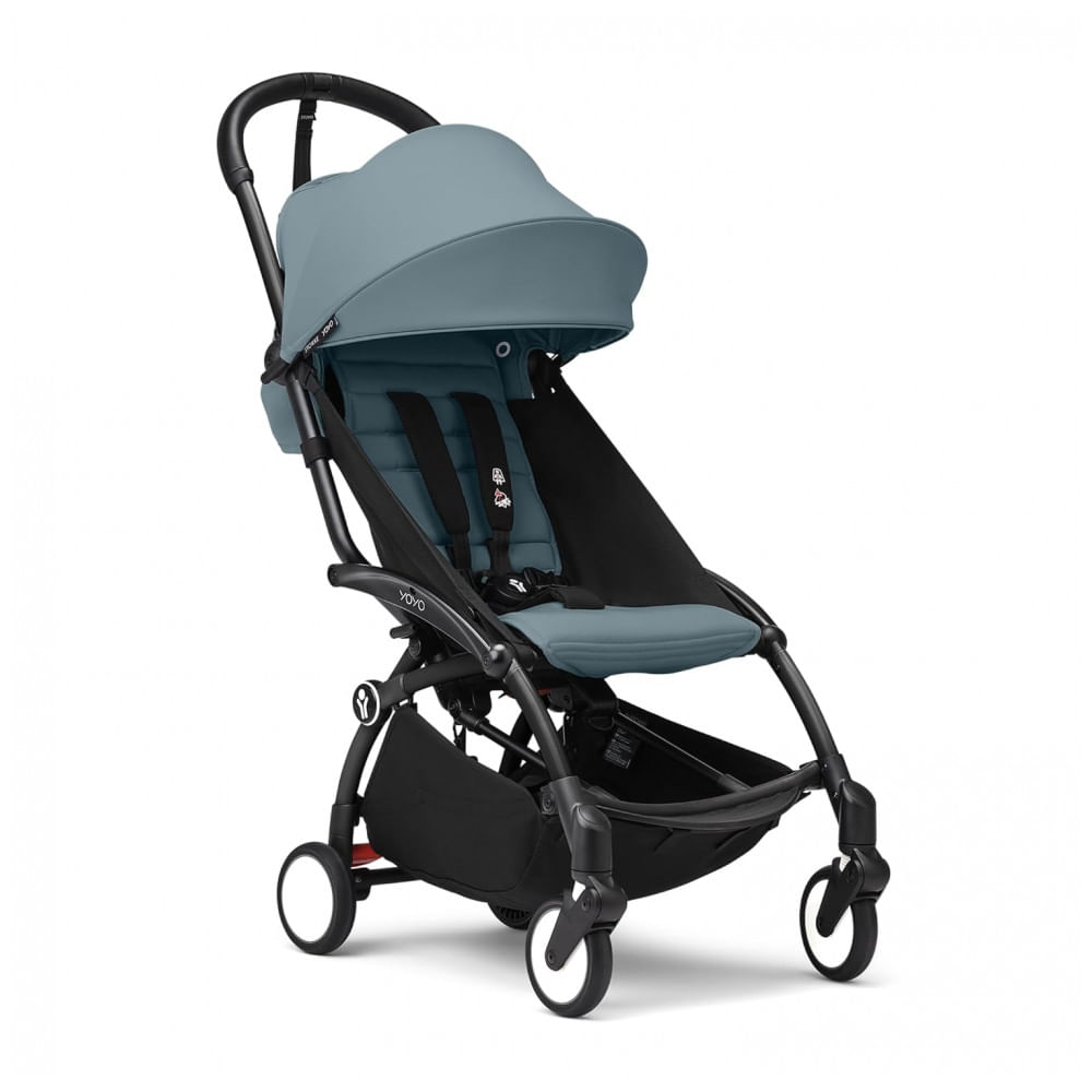 Carrinho de Bebê Stokke YOYO3 Aqua - Estrutura Preta, Dobrável Compacto, Assento Reclinável 3 Pontos, Cinto Ajustável, Leve e Portátil
